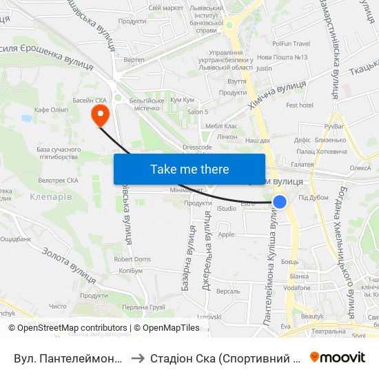 Вул. Пантелеймона Куліша to Стадіон Ска (Спортивний Клуб Армії) map