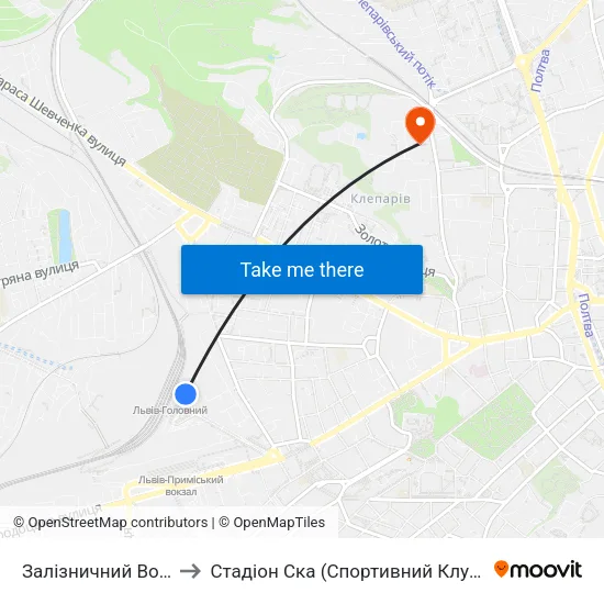 Залізничний Вокзал to Стадіон Ска (Спортивний Клуб Армії) map
