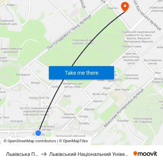 Львівська Політехніка to Львівський Національний Університет Ім. Івана Франка map