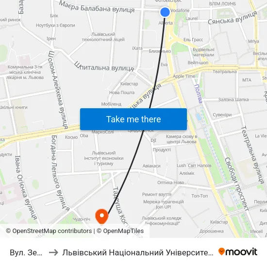 Вул. Зернова to Львівський Національний Університет Ім. Івана Франка map
