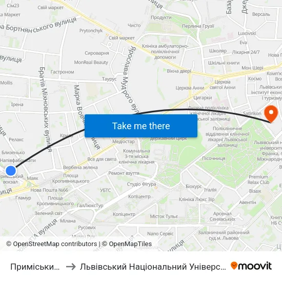 Приміський Вокзал to Львівський Національний Університет Ім. Івана Франка map