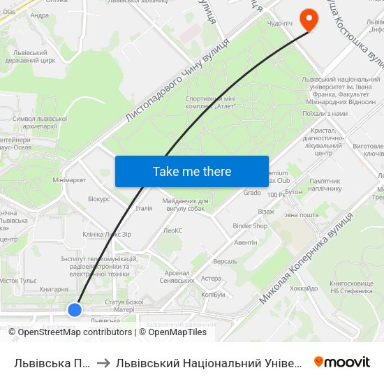 Львівська Політехніка to Львівський Національний Університет Ім. Івана Франка map