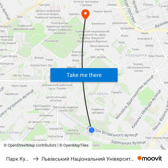 Парк Культури to Львівський Національний Університет Ім. Івана Франка map