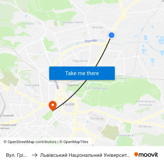 Вул. Грінченка to Львівський Національний Університет Ім. Івана Франка map