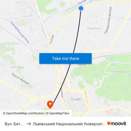Вул. Бетховена to Львівський Національний Університет Ім. Івана Франка map