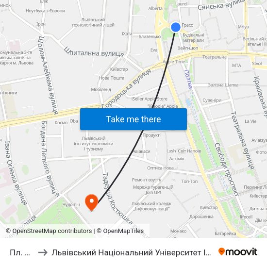 Пл. Різні to Львівський Національний Університет Ім. Івана Франка map