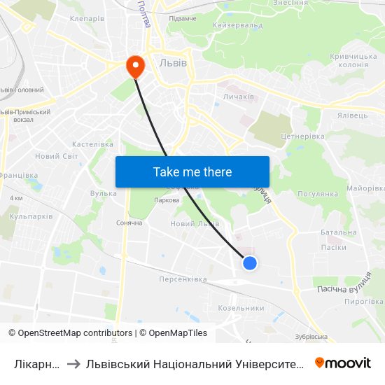 Лікарня №8 to Львівський Національний Університет Ім. Івана Франка map