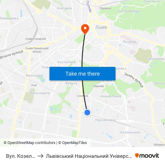 Вул. Козельницька to Львівський Національний Університет Ім. Івана Франка map