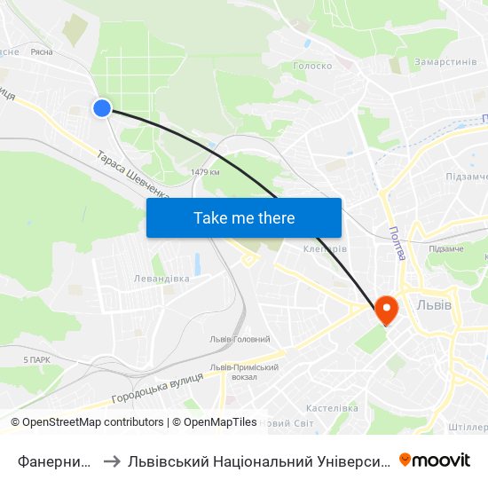 Фанерний Завод to Львівський Національний Університет Ім. Івана Франка map