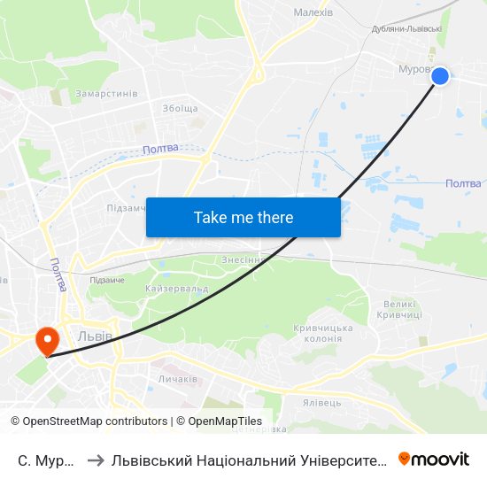 С. Муроване to Львівський Національний Університет Ім. Івана Франка map