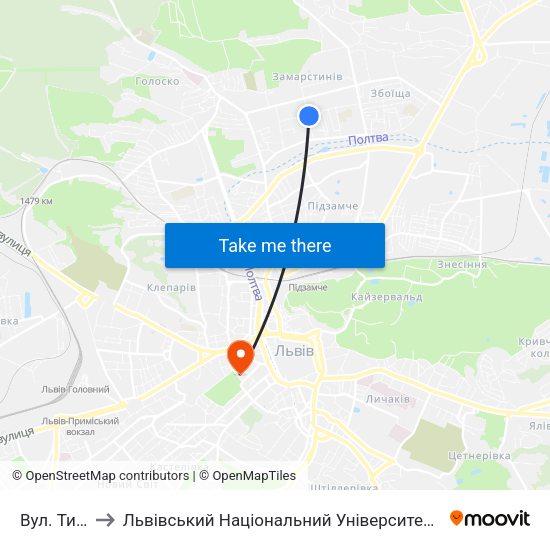Вул. Тичини to Львівський Національний Університет Ім. Івана Франка map