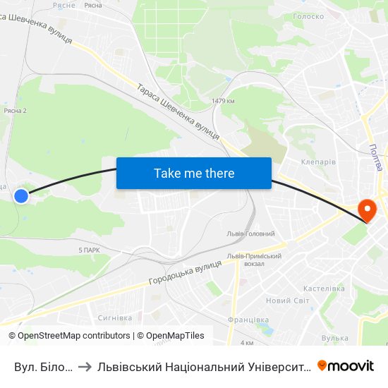 Вул. Білогорща to Львівський Національний Університет Ім. Івана Франка map