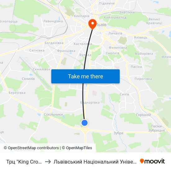 Трц "King Cross Leopolis" to Львівський Національний Університет Ім. Івана Франка map
