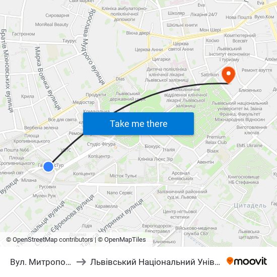 Вул. Митрополита Андрея to Львівський Національний Університет Ім. Івана Франка map