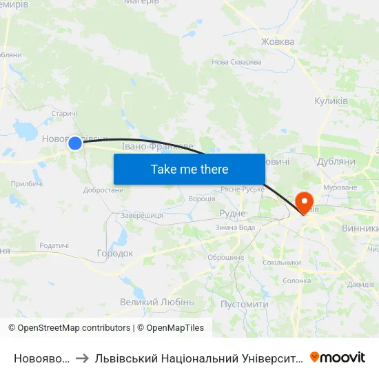 Новояворівськ to Львівський Національний Університет Ім. Івана Франка map