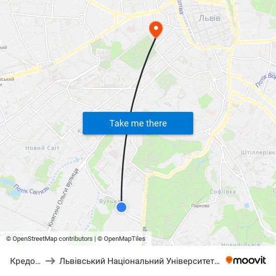 Кредобанк to Львівський Національний Університет Ім. Івана Франка map