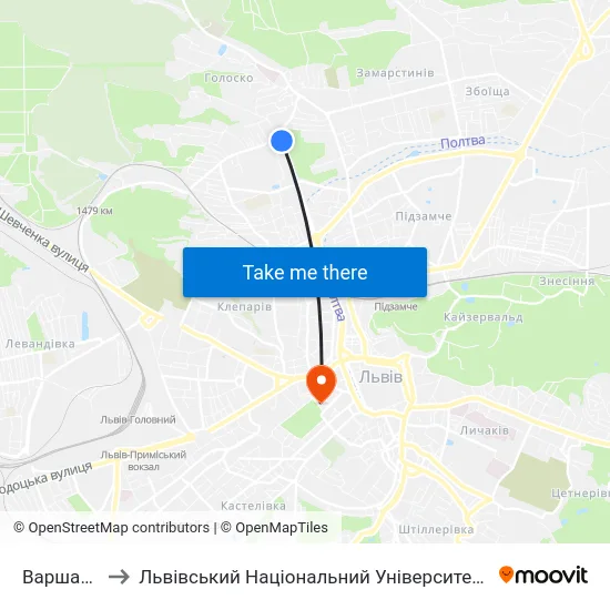 Варшавська to Львівський Національний Університет Ім. Івана Франка map