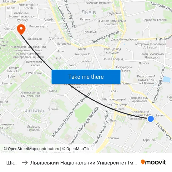 Школа to Львівський Національний Університет Ім. Івана Франка map