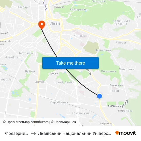 Фрезерний Завод to Львівський Національний Університет Ім. Івана Франка map