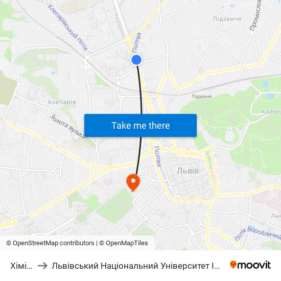 Хімічна to Львівський Національний Університет Ім. Івана Франка map