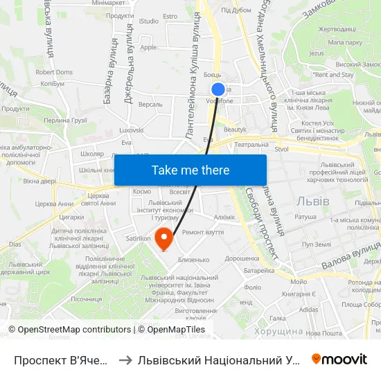 Проспект В’Ячеслава Чорновола to Львівський Національний Університет Ім. Івана Франка map