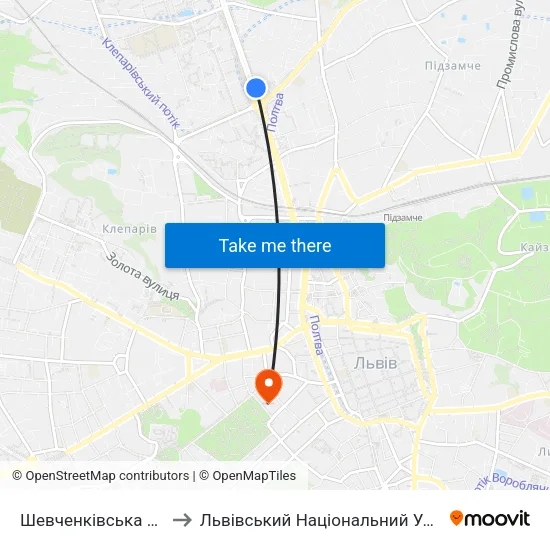 Шевченківська Райадміністрація to Львівський Національний Університет Ім. Івана Франка map