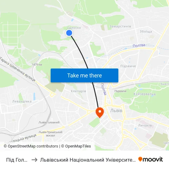 Під Голоском to Львівський Національний Університет Ім. Івана Франка map