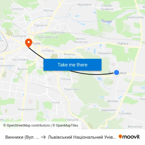 Винники (Вул. Винниченка) to Львівський Національний Університет Ім. Івана Франка map