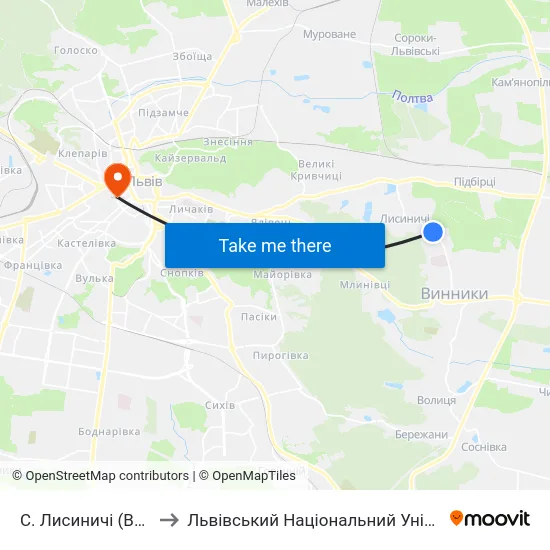С. Лисиничі (Вул. Полуботка) to Львівський Національний Університет Ім. Івана Франка map