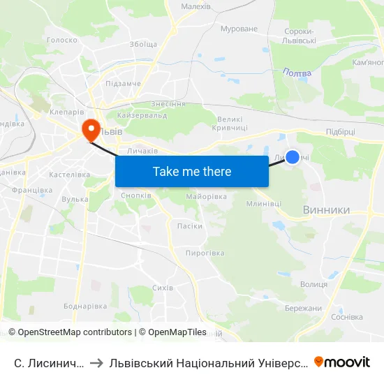 С. Лисиничі (Центр) to Львівський Національний Університет Ім. Івана Франка map