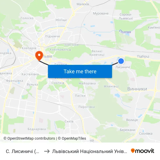 С. Лисиничі (Вул. Івасюка) to Львівський Національний Університет Ім. Івана Франка map