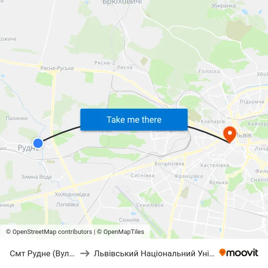 Смт Рудне (Вул. Лесі Українки) to Львівський Національний Університет Ім. Івана Франка map