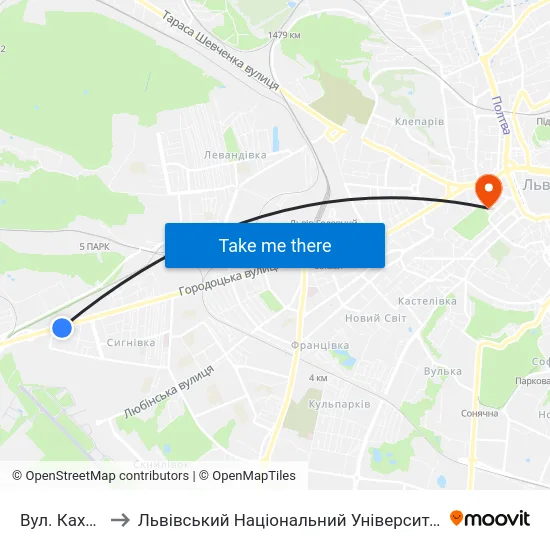 Вул. Каховська to Львівський Національний Університет Ім. Івана Франка map