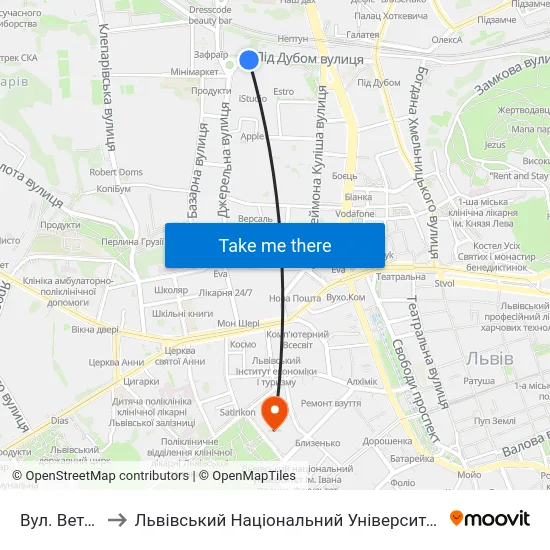 Вул. Ветеранів to Львівський Національний Університет Ім. Івана Франка map