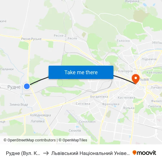 Рудне (Вул. Коновальця) to Львівський Національний Університет Ім. Івана Франка map