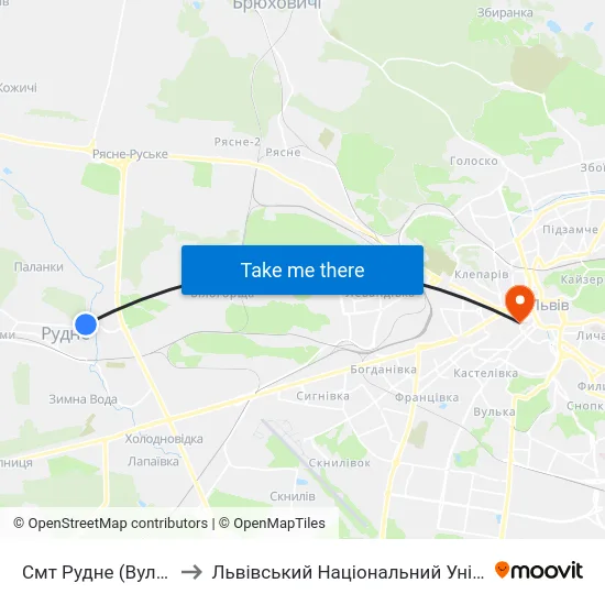 Смт Рудне (Вул. Лесі Українки) to Львівський Національний Університет Ім. Івана Франка map