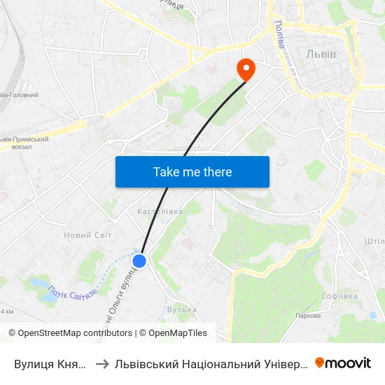 Вулиця Княгині Ольги to Львівський Національний Університет Ім. Івана Франка map