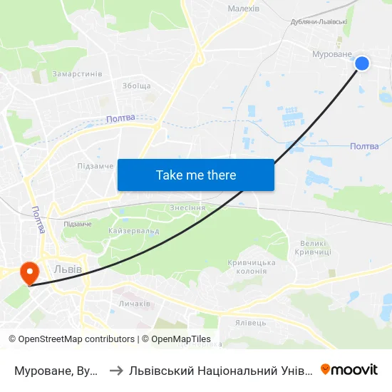 Муроване, Вулиця Підлипи to Львівський Національний Університет Ім. Івана Франка map
