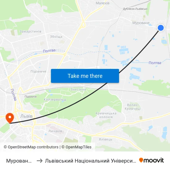 Муроване, Озеро to Львівський Національний Університет Ім. Івана Франка map