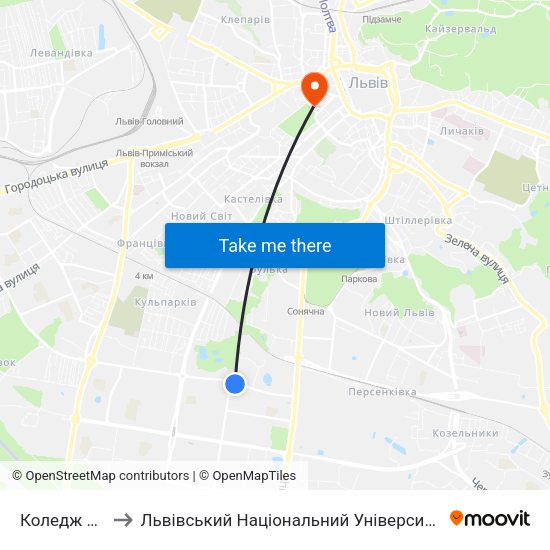 Коледж Зв’Язку to Львівський Національний Університет Ім. Івана Франка map