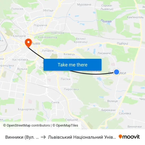 Винники (Вул. Винниченка) to Львівський Національний Університет Ім. Івана Франка map