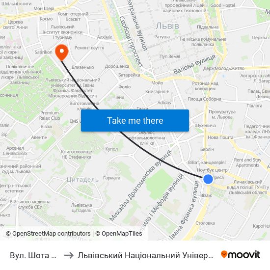 Вул. Шота Руставелі to Львівський Національний Університет Ім. Івана Франка map