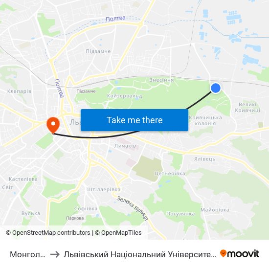 Монгольська to Львівський Національний Університет Ім. Івана Франка map
