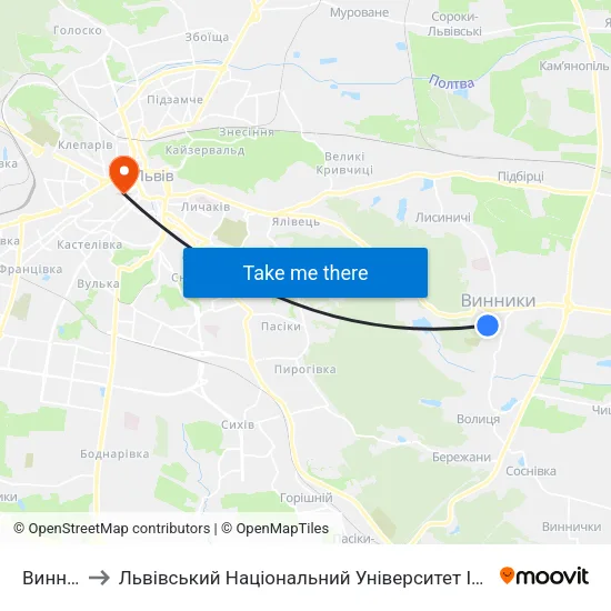 Винники to Львівський Національний Університет Ім. Івана Франка map