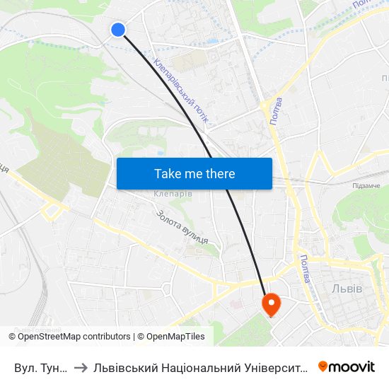 Вул. Тунельна to Львівський Національний Університет Ім. Івана Франка map