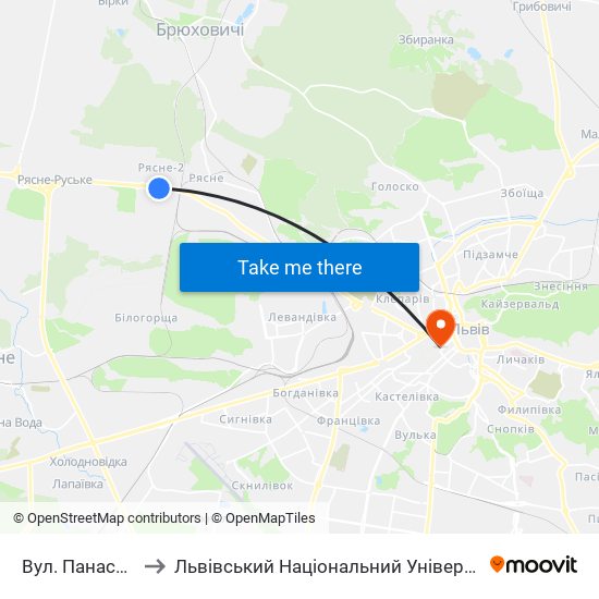 Вул. Панаса Сотника to Львівський Національний Університет Ім. Івана Франка map
