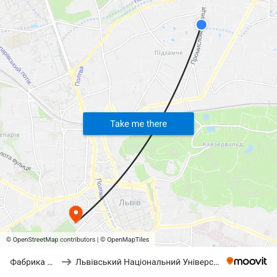 Фабрика Світанок to Львівський Національний Університет Ім. Івана Франка map