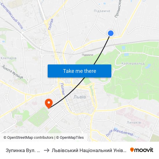 Зупинка Вул. Промислова to Львівський Національний Університет Ім. Івана Франка map