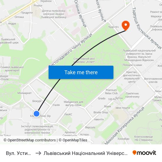 Вул. Устияновича to Львівський Національний Університет Ім. Івана Франка map