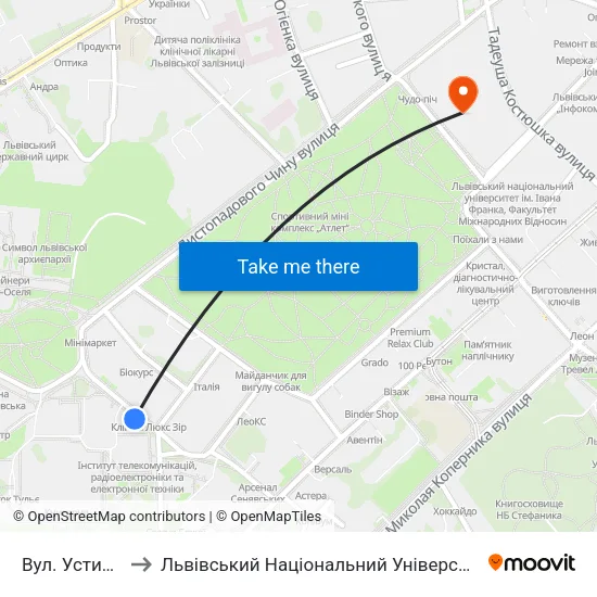 Вул. Устияновича to Львівський Національний Університет Ім. Івана Франка map